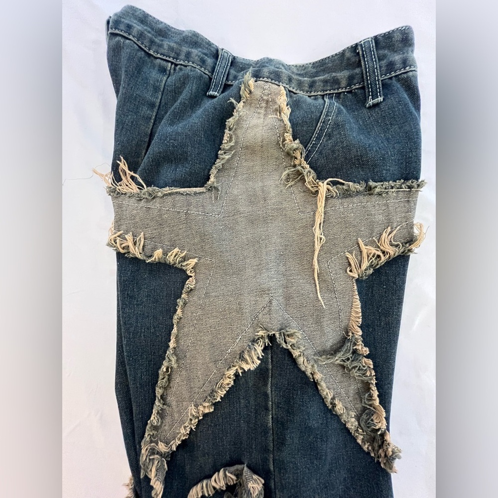ROMWE Wide Leg Jeans Distressed Patchwork Frayed Star Denim Y2K Size 4 - Picture 3 of 12